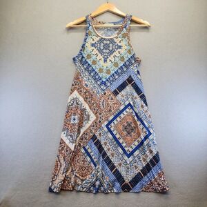 Veronica M Mixed Medallion Paisley Print Sleeveless Shift Dress Blue Orange M